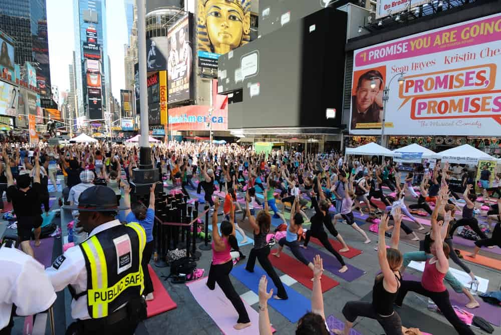 A public yoga event in Times Square