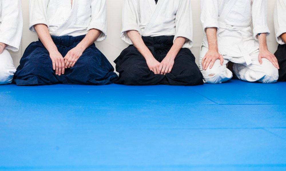 Aikido athletes in white kimono sit on blue tatami
